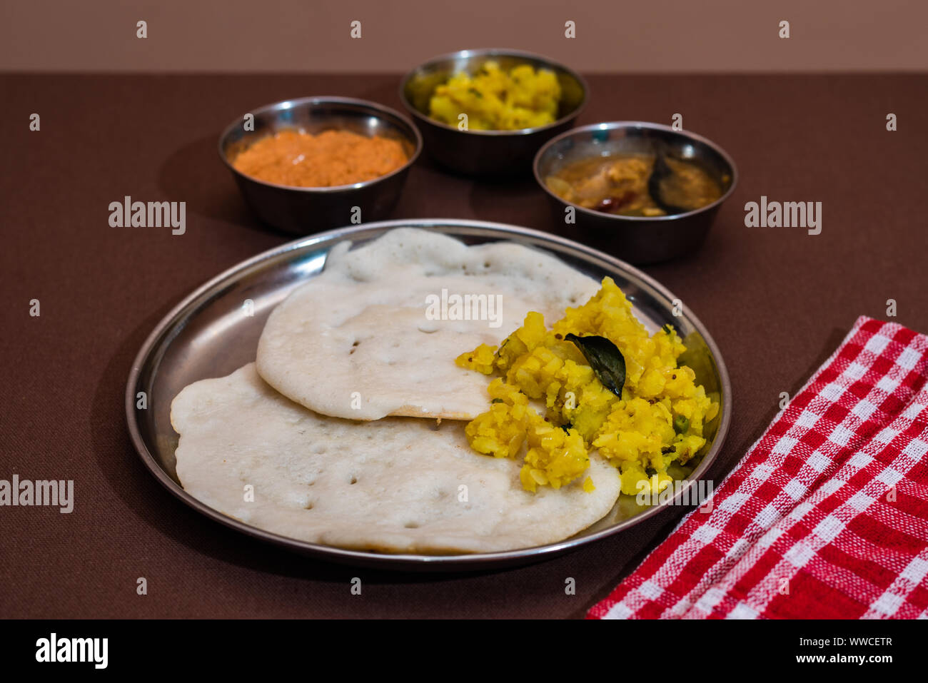 South Indian breakfast Set Dosa with sambar, chutney and aloo baji Stock Photo Alamy
