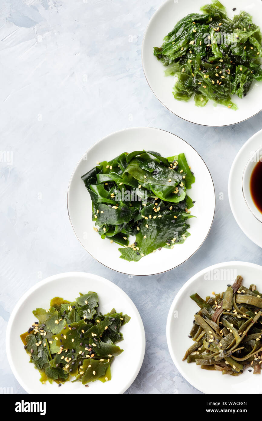 Various seaweed, sea vegetables, shot from above with a place for text. Superfoods background Stock Photo