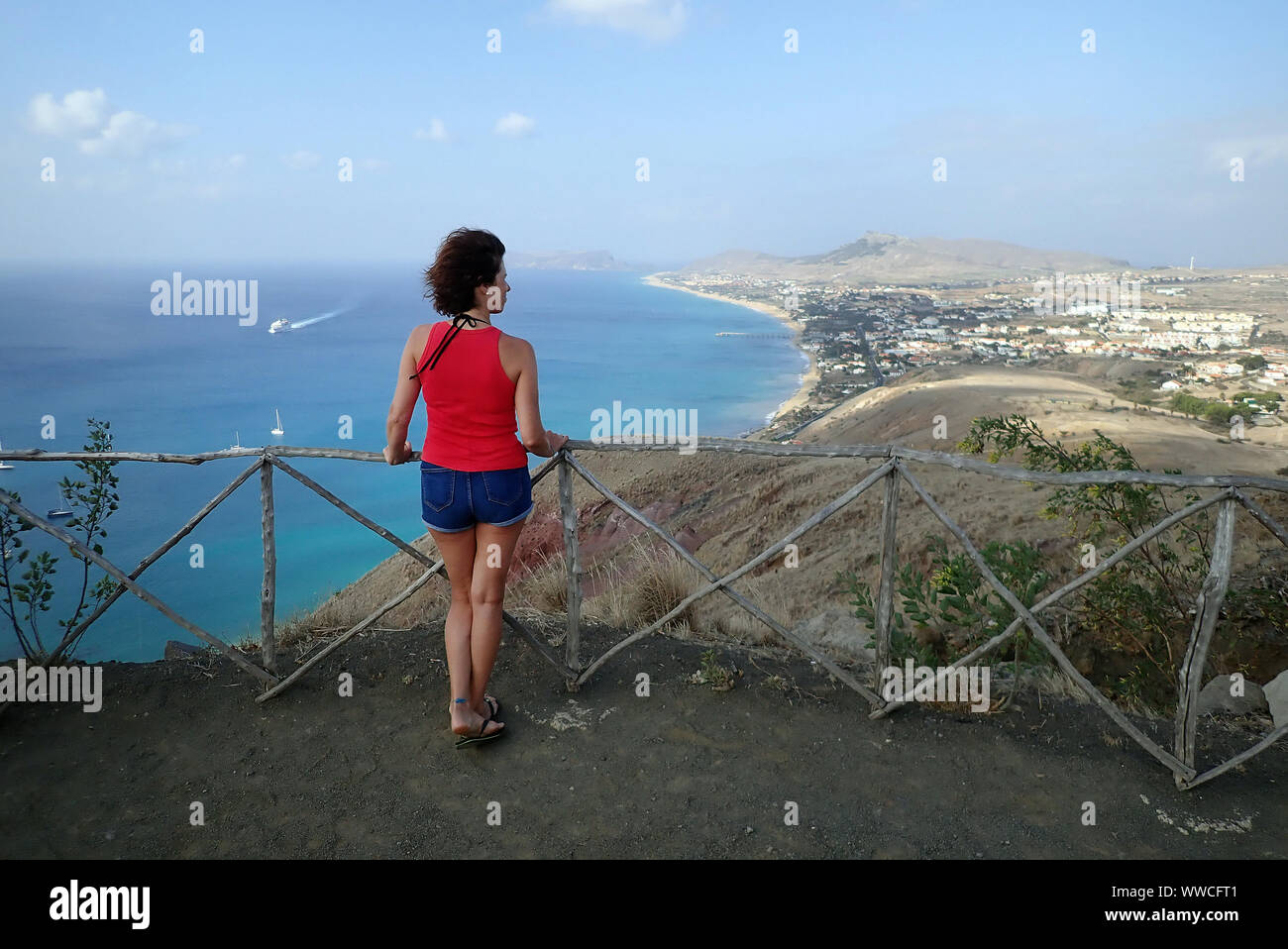 Young Woman Observe Viewpoint Portela Village Baleira Porto Santo Island Madeira Portugal Europe Stock Photo