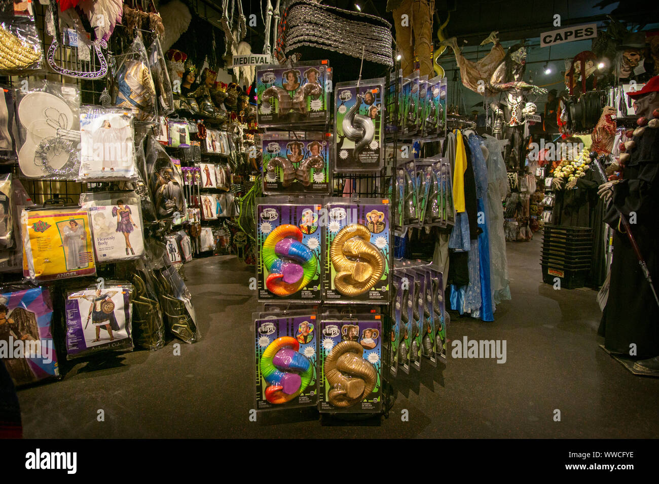 A view of the interior of The Halloween Adventure costume shop in Greenwich Village, Manhattan, New York City. Stock Photo