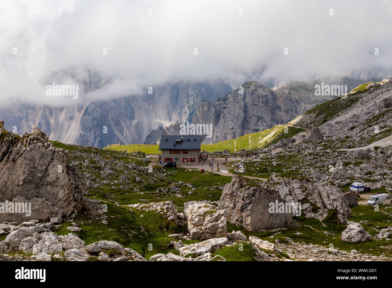 Thanks to his strategically location the Refuge is a very good starting point for the climbing ways of the famous Cime of Lavaredo that since the half Stock Photo