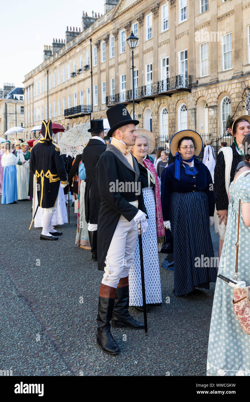 Jane Austen Festival 2019.  The Grand Regency Costumed Promenade where 500+ people from around the world join the official opening procession of the Jane Austen festival dressed in period costume. Bath, England, UK Stock Photo