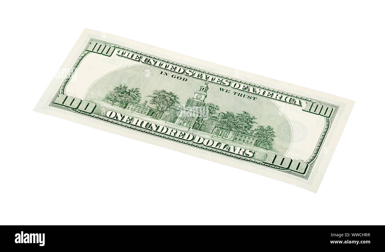 100 U.S. dollar bill, stack shot isolated on white background. Stock Photo