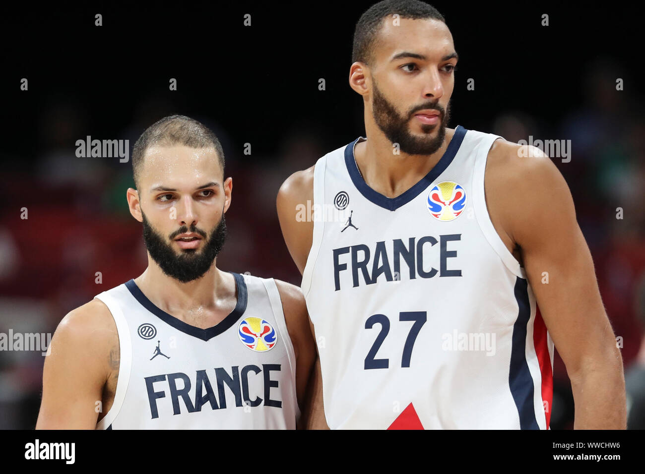 Beijing China 15th Sep 2019 Evan Fournier L And Rudy Gobert Of France React After The Third Place Game Between France And Australia At The 2019 Fiba World Cup In Beijing Capital