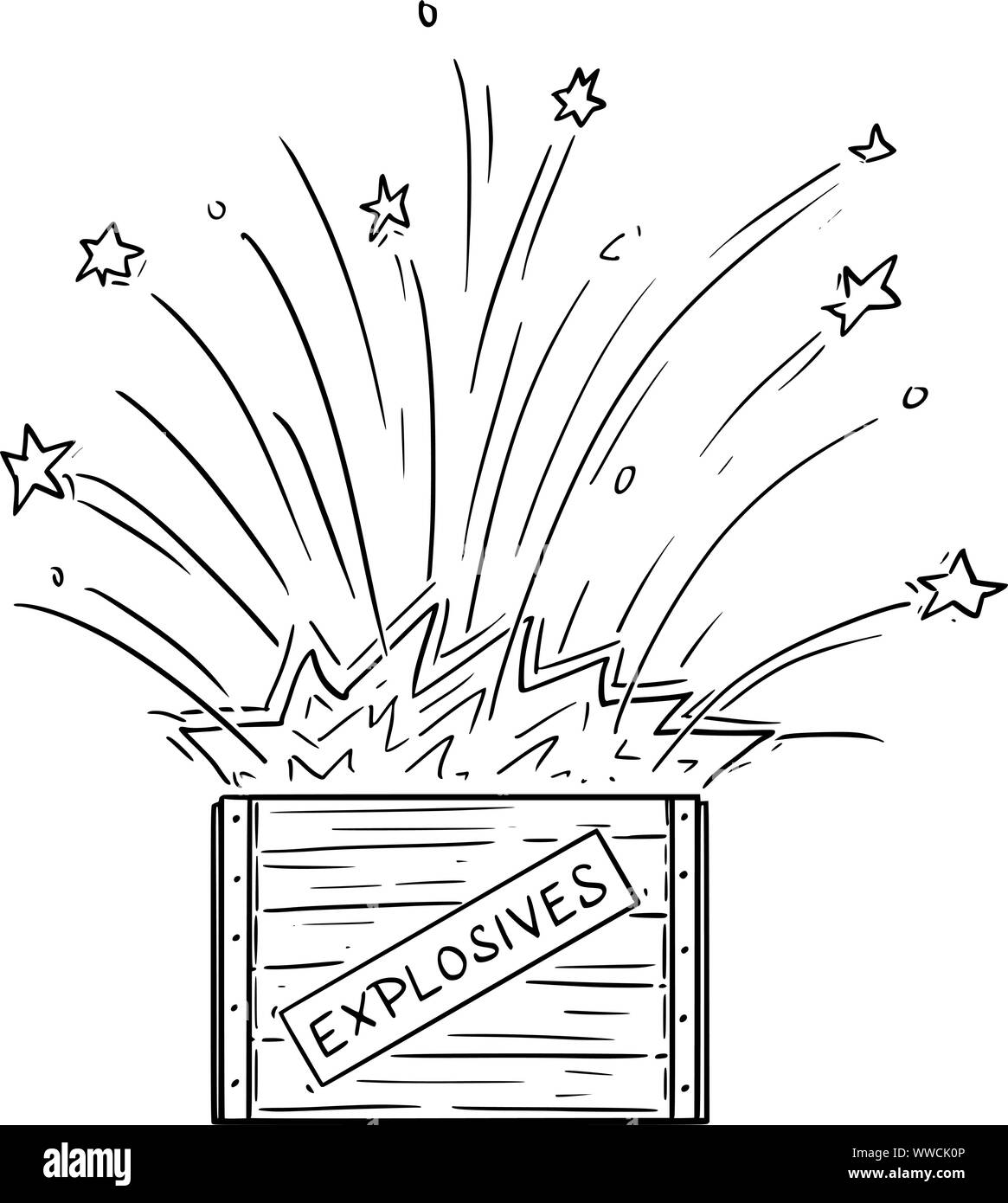 Vector cartoon drawing conceptual illustration of exploding box with explosives. Stock Vector