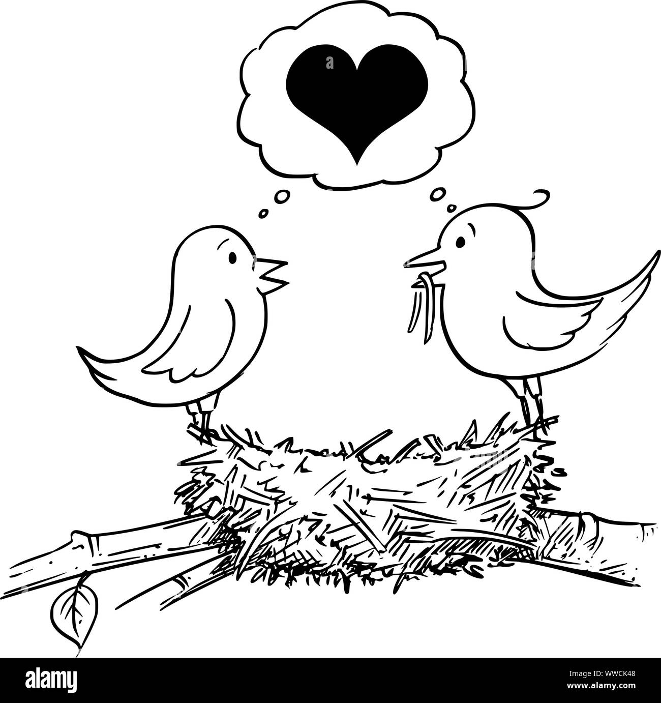 Vector cartoon drawing conceptual illustration of loving couple of male and female birds in love building nest and thinking together about heart symbol Stock Vector