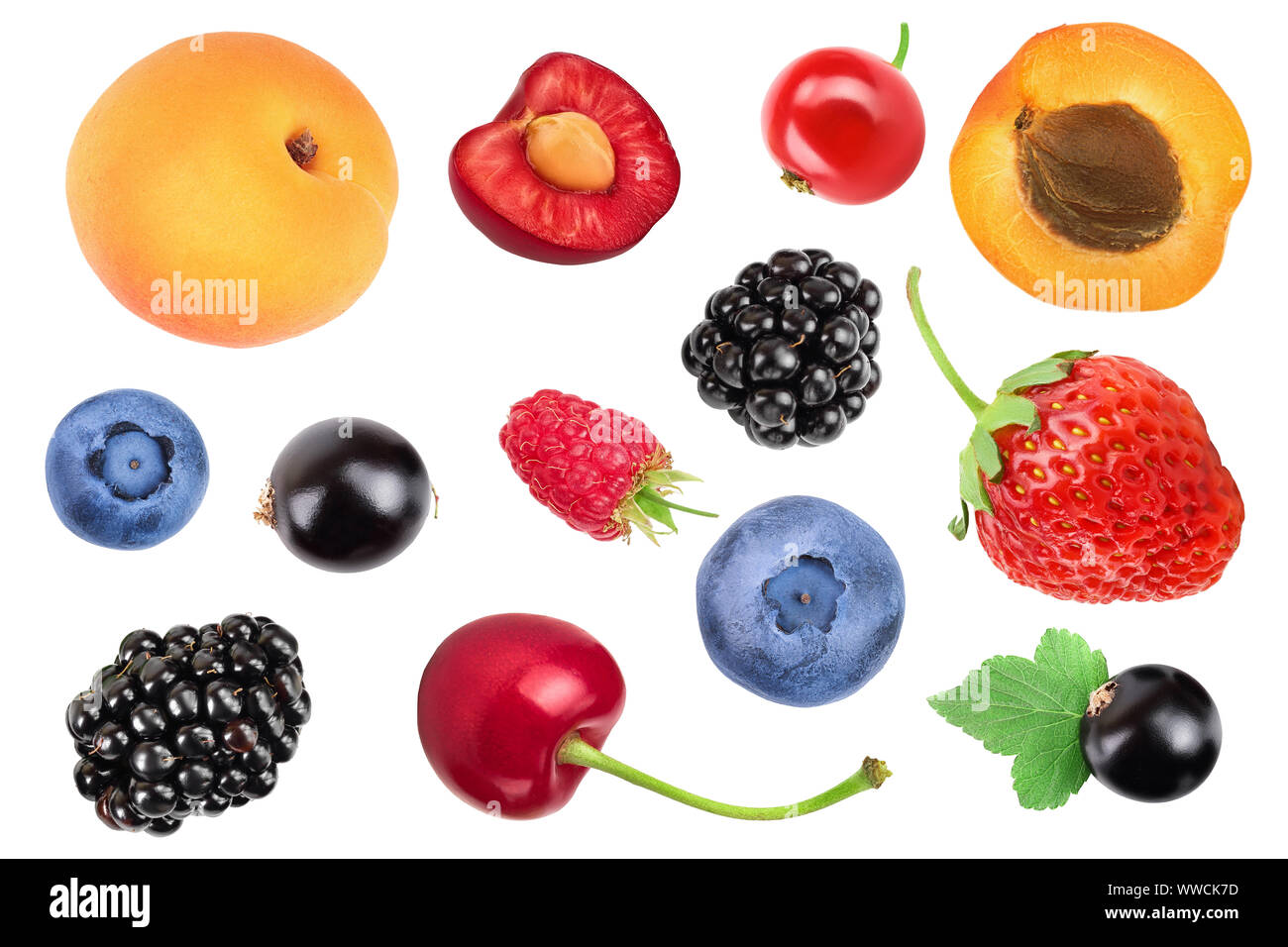 mix of different berry isolated on white background. Top view. Flat lay ...