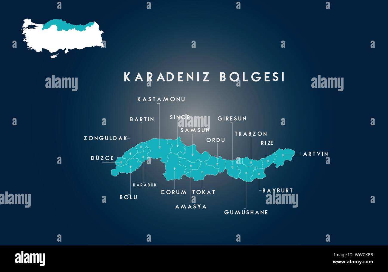 Map of the Black Sea region of Turkey ( Turkish Karadeniz bolgesi, Zonguldak, Duzce, Karabuk, Bolu, Corum,Tokat, Amasya, Gumushane, Bayburt,Artvin, Ri Stock Vector