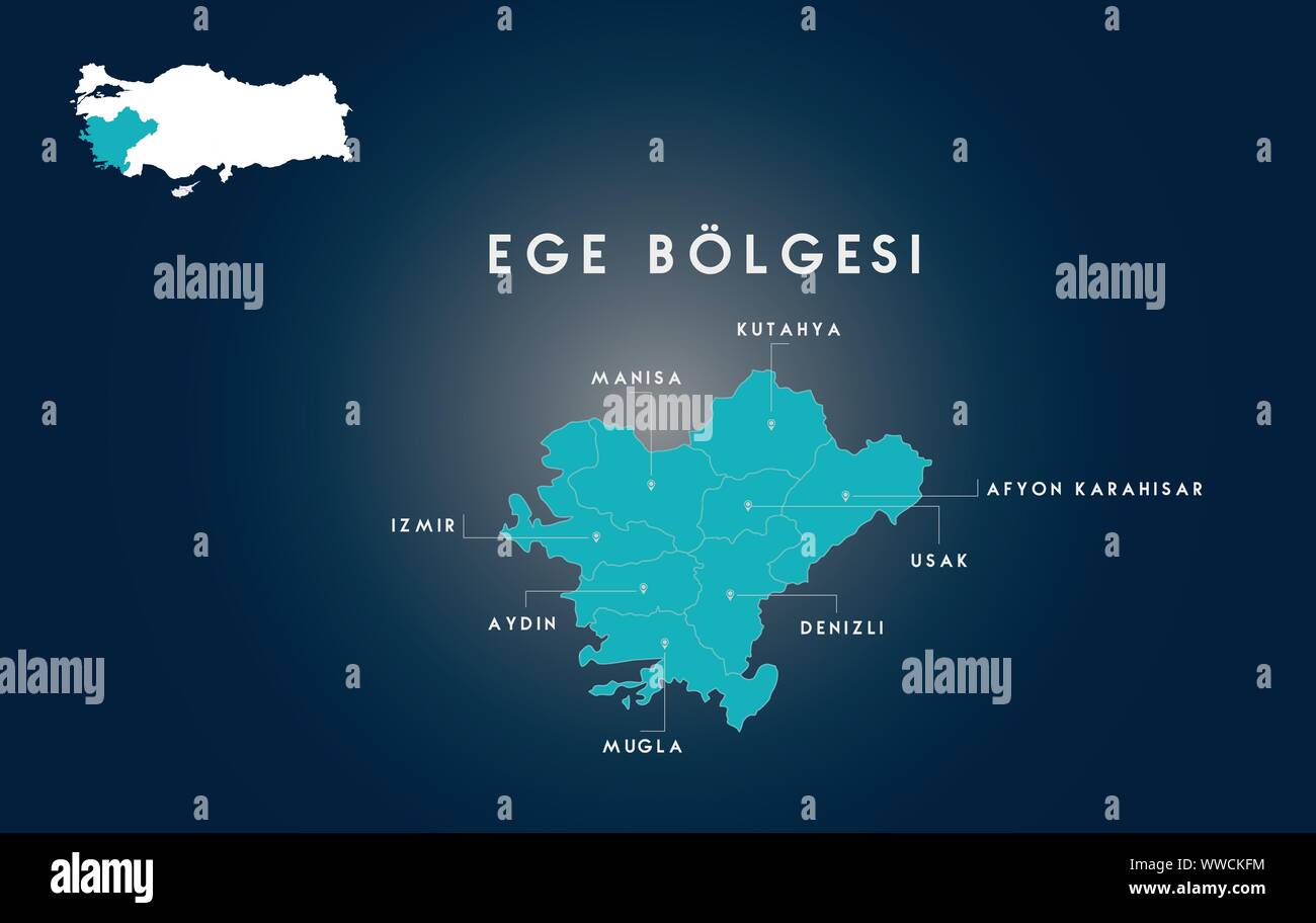 Turkey Aegean Region Map ( Turkish Turkiyenin Ege Bolgesi, Manisa, izmir, Aydin, Mugla, Denizli, Usak, Afyon, Kutahya Haritasi) Stock Vector
