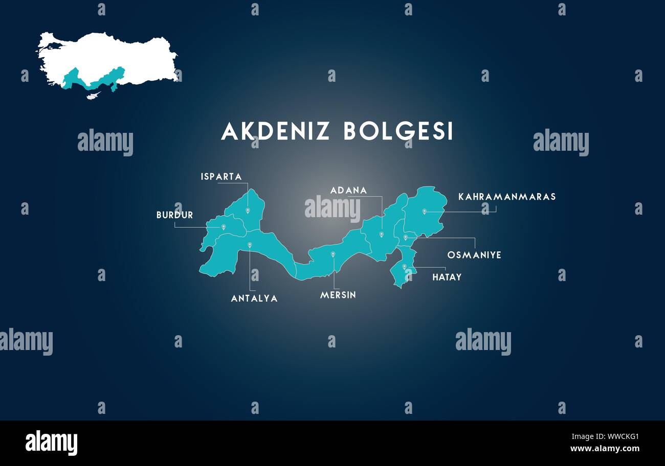 Turkey Mediterranean Region Map (Turkish Turkiyenin Akdeniz Bolgesi, isparta, Burdur, Adana, Kahramanmaras, Osmaniye, Hatay, Antalya, Mersin, Haritasi Stock Vector