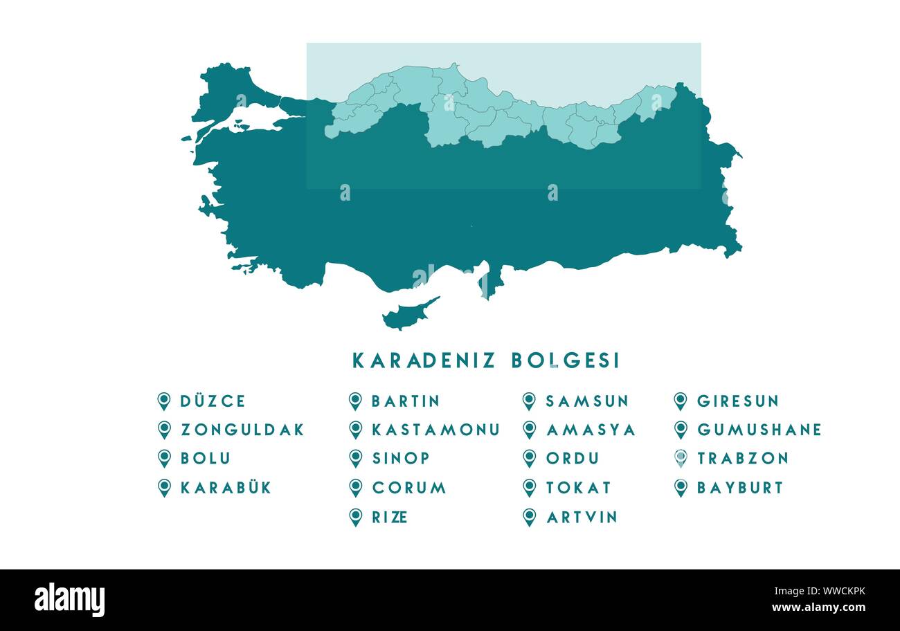 Map of the Black Sea region of Turkey ( Turkish Karadeniz bolgesi, Zonguldak, Duzce, Karabuk, Bolu, Corum,Tokat, Amasya, Gumushane, Bayburt,Artvin, Ri Stock Vector