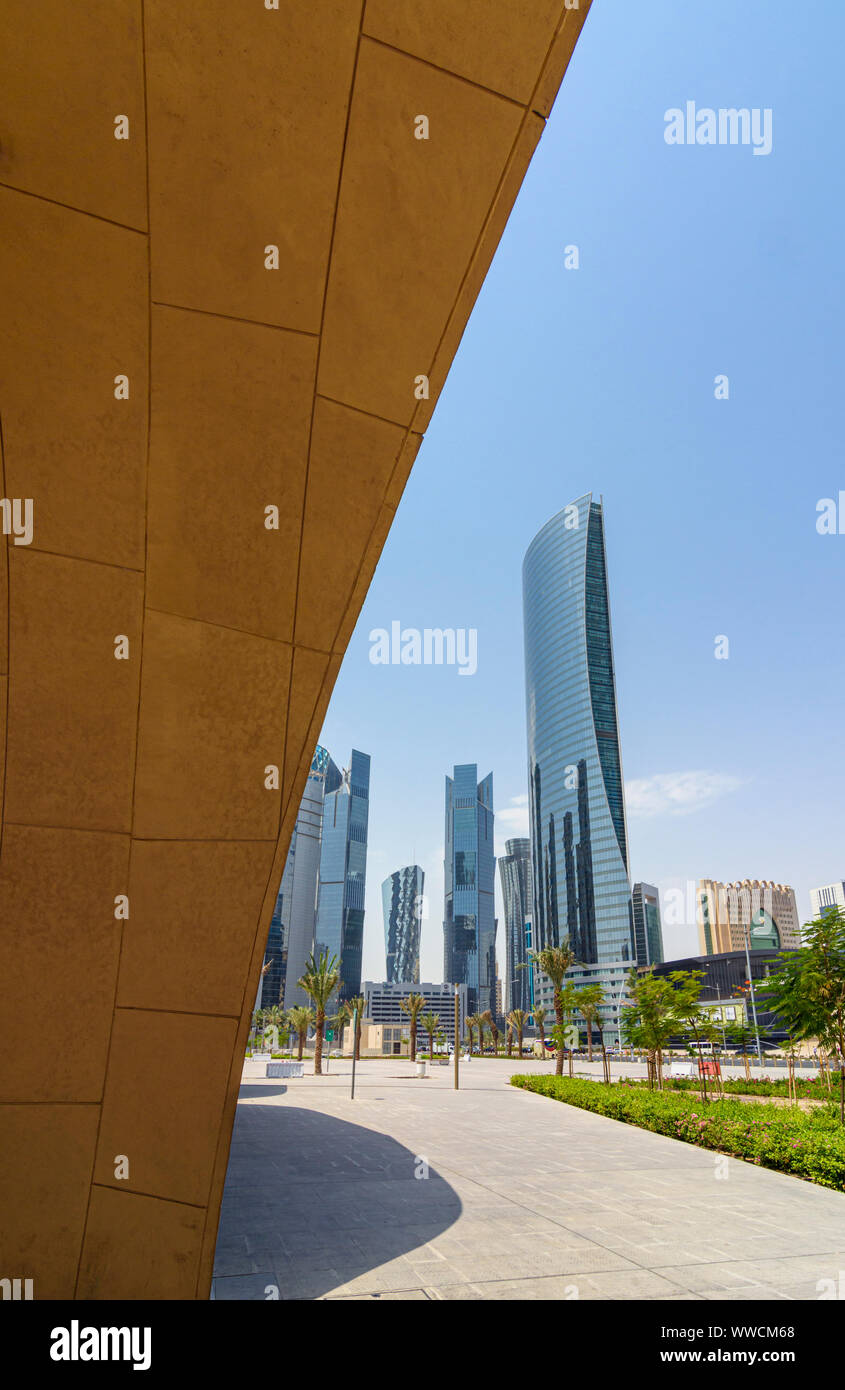 Framed city views from the Doha Metro looking towards the skyscrapers of the West Bay area, Doha, Qatar Stock Photo