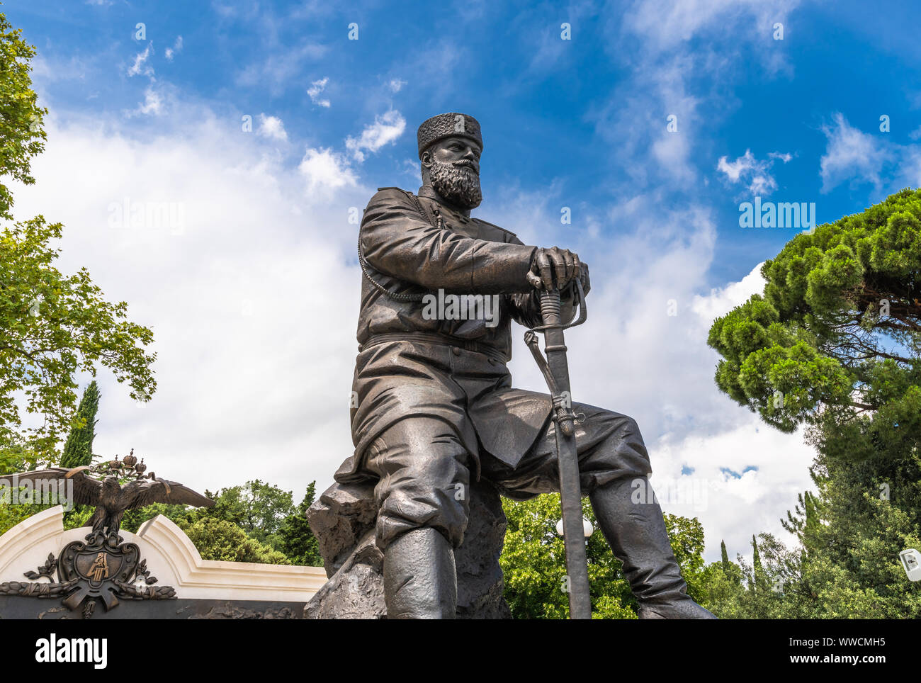 Livadia, Crimea - July 10. 2019. Monument to Tsar Alexander III, Sculptor Andrey Kovalchuk Stock Photo