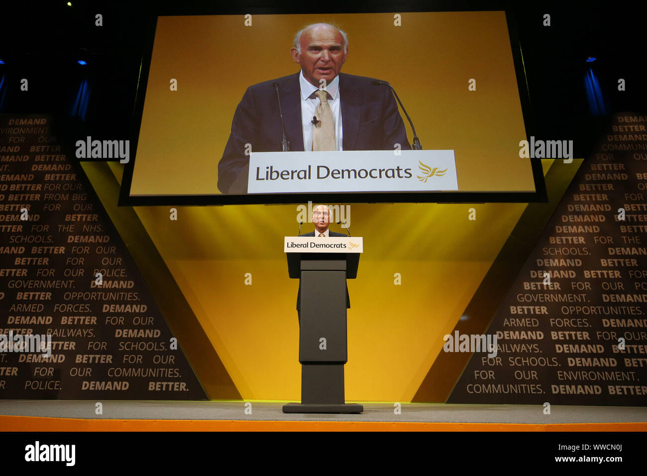 Former Lib Dem leader Sir Vince Cable speaks during the Liberal Democrats autumn conference at the Bournemouth International Centre in Bournemouth. PA Photo. Picture date: Sunday September 15, 2019. See PA story LIBDEMS Main. Photo credit should read: Jonathan Brady/PA Wire Stock Photo