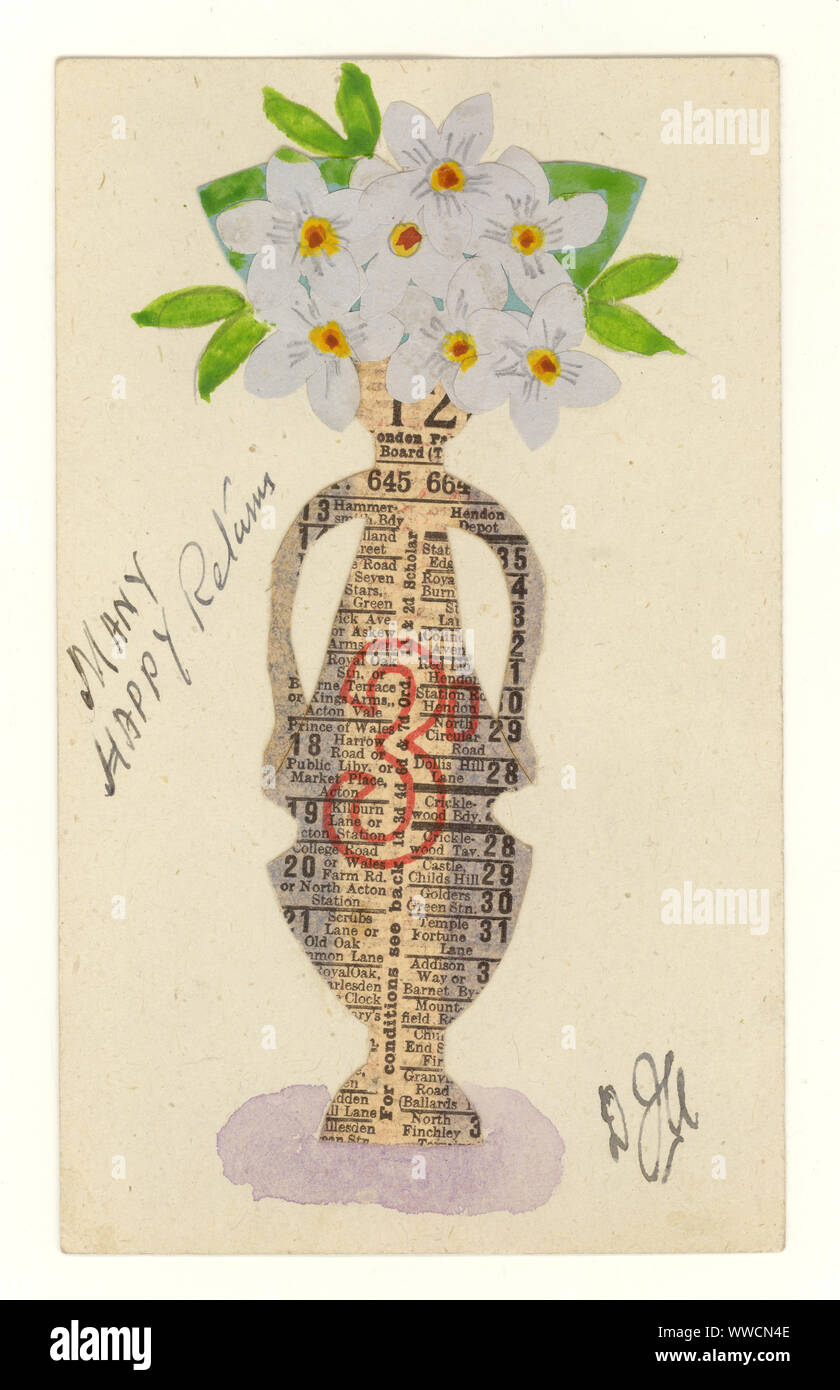 Illustrated and collaged original World War 2 era homemade birthday greetings card, vase flowers postcard, using scraps, old 3d (3 old pence) tram ticket from the London suburb's, cut-out flowers, dated 26 Jan 1944, U.K. Stock Photo