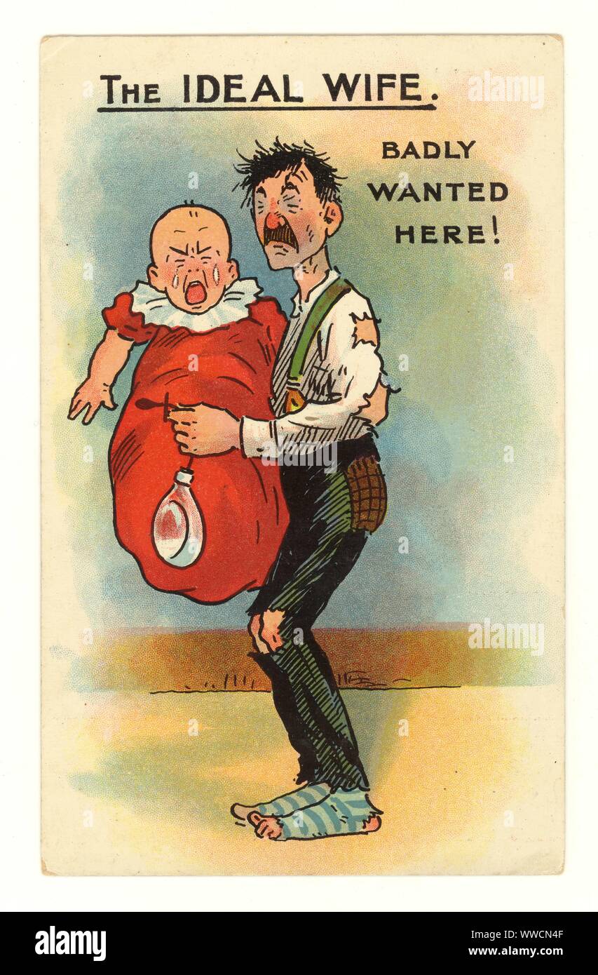 Early 1900's comic antisuffragette postcard, the ideal wife, the