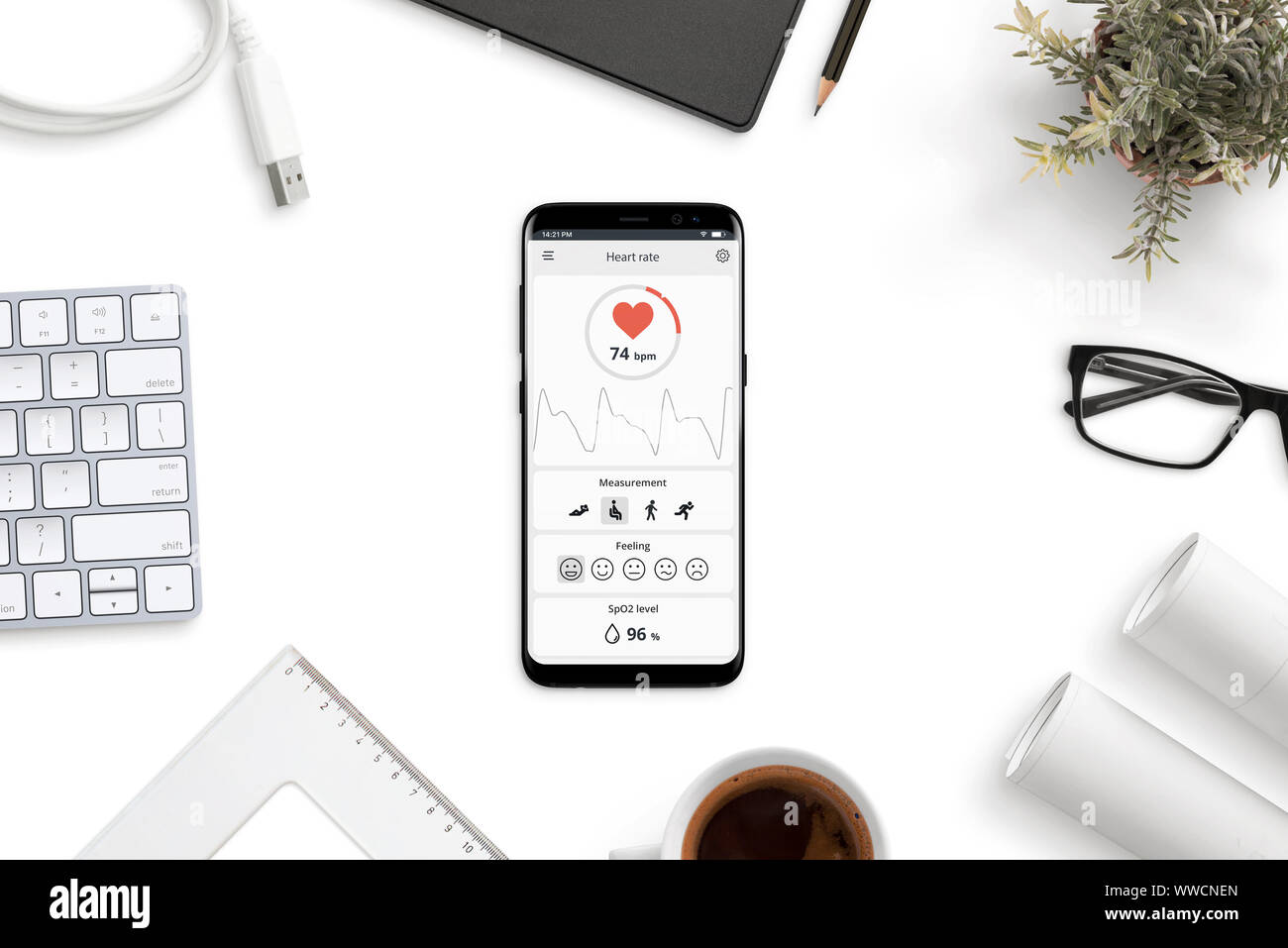 Measuring heart rate, beats per minute app on modern smart phone on