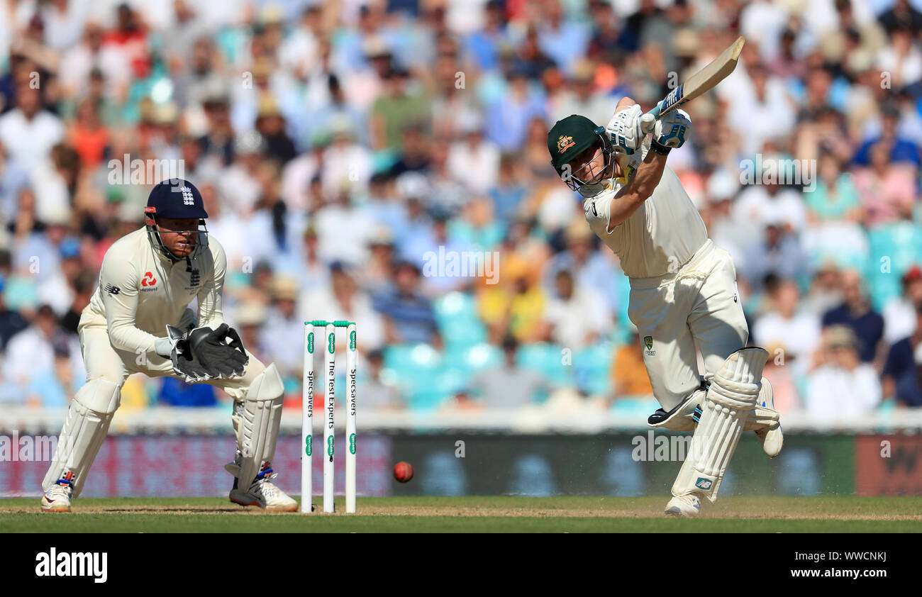Australia's Steve Smith (right) bats during day four of the fifth test match at The Kia Oval, London. Stock Photo