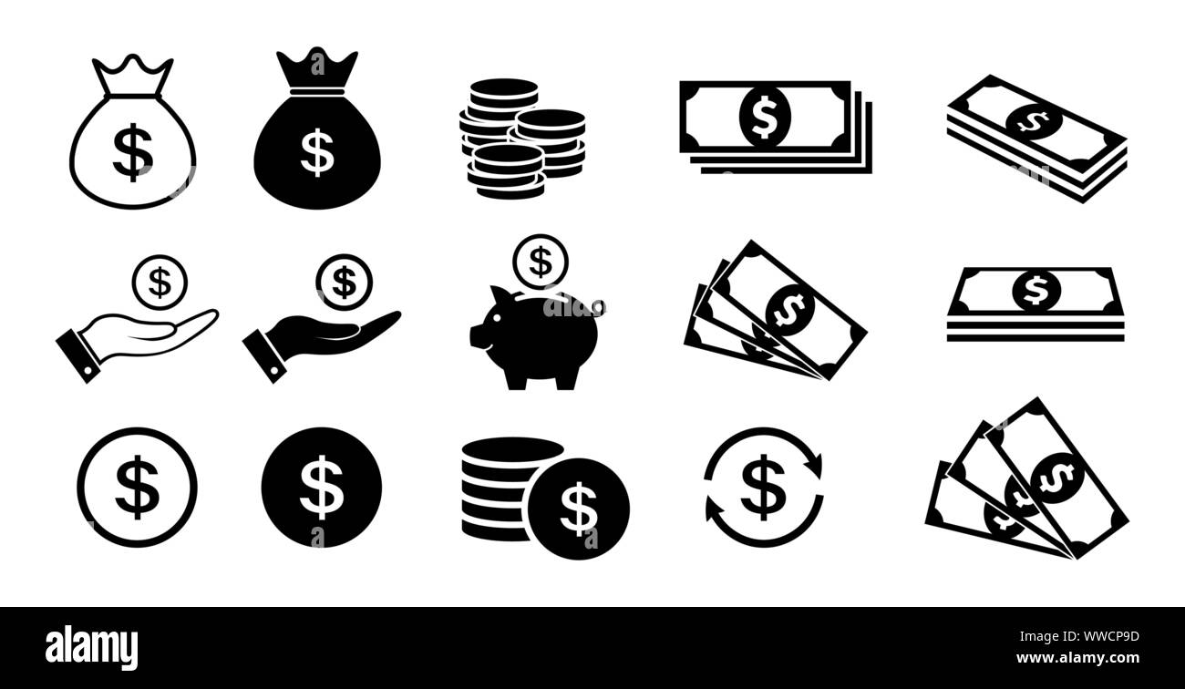 Money icon set. Coins and dollars symbols. Stock Vector