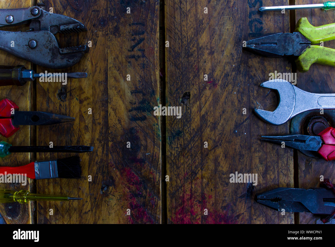 Rusty tools and Mechanic tools for repair on the wood texture