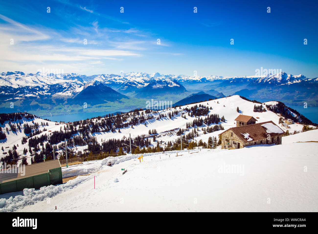 Panorama of Lake Lucerne and Alps mountains from the top of Rigi Kulm in Switzerland Stock Photo