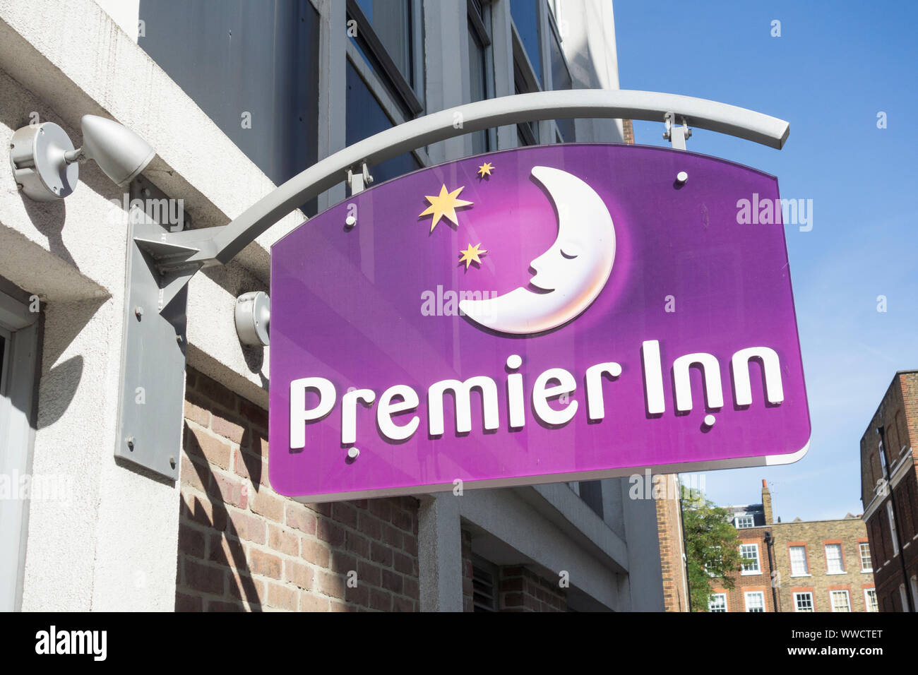Premier Inn hotel signage on Red Lion Street, Holborn, London, UK Stock Photo