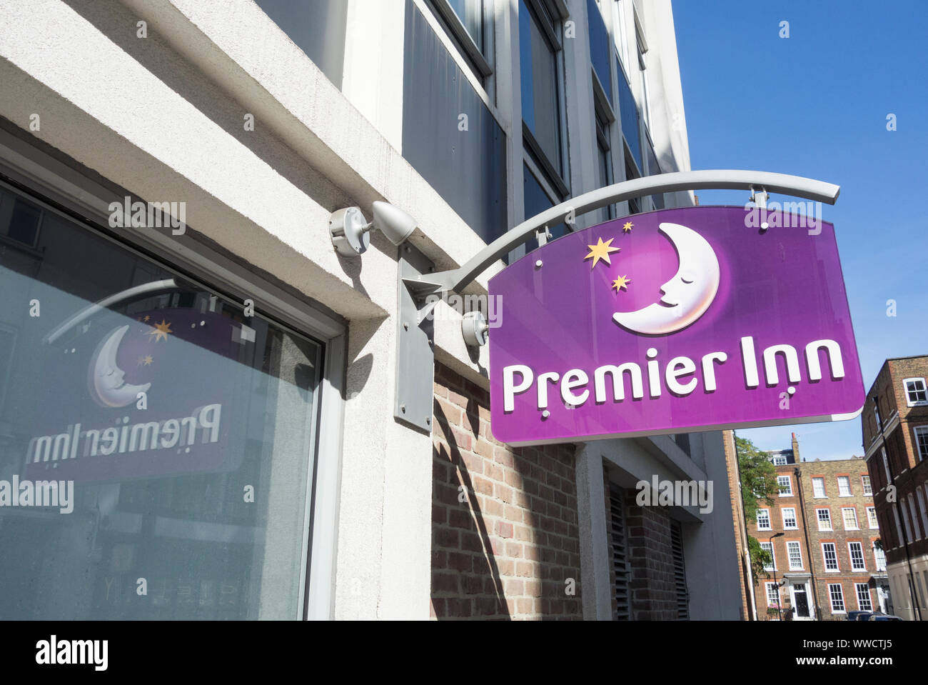 Premier Inn hotel signage on Red Lion Street, Holborn, London, UK Stock Photo