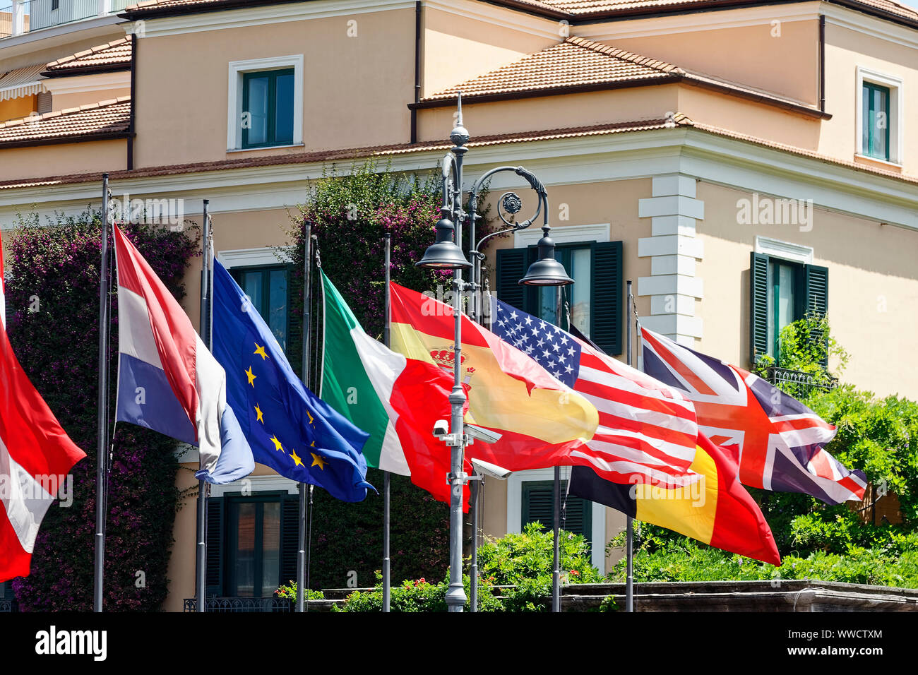 flags flying; many nations; colorful; multinational, movement, Sorrento; Italy; Europe; spring; horizontal Stock Photo
