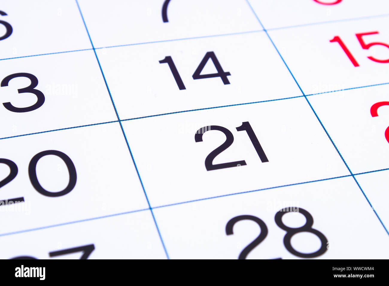 Calendar page close up. Big numbers. Calendar page background. Number 21.  Month date Stock Photo - Alamy