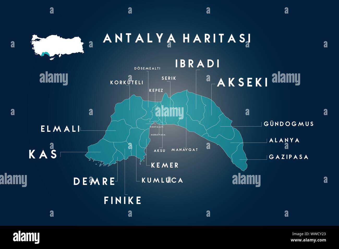 Antalya districts Dosemealti, Korkuteli, Kepez, Serik, İbradi, Akseki, Gundogmus, Alanya, Gazipasa, Konyalalti, Muratpasa, Aksu, Manavgat, Kemer, Kuml Stock Vector