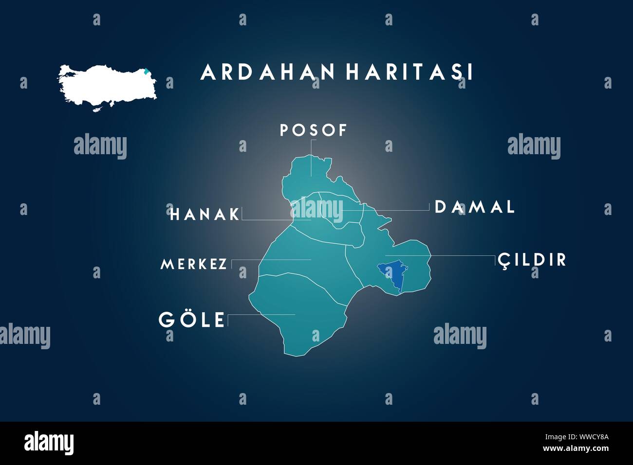 Ardahan districts Posof, Hanak, Damal, Cildir, Gole map, Turkey Stock Vector