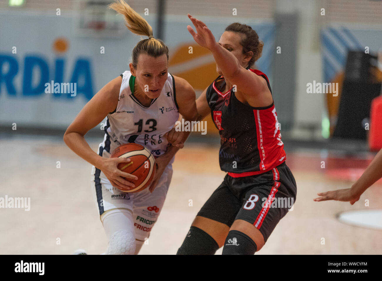 Yverdon Les Bains, Switzerland. 14th Sep, 2019. Courtney Range (L) during BCF ELFIC Fribourg victory over BC Winterthur (73-63) in the Final win at the Super Cup 2019 at the Yverdon-les-Bains Sports Center (Switzerland) (Photo by Eric Dubost/Pacific Press) Credit: Pacific Press Agency/Alamy Live News Stock Photo