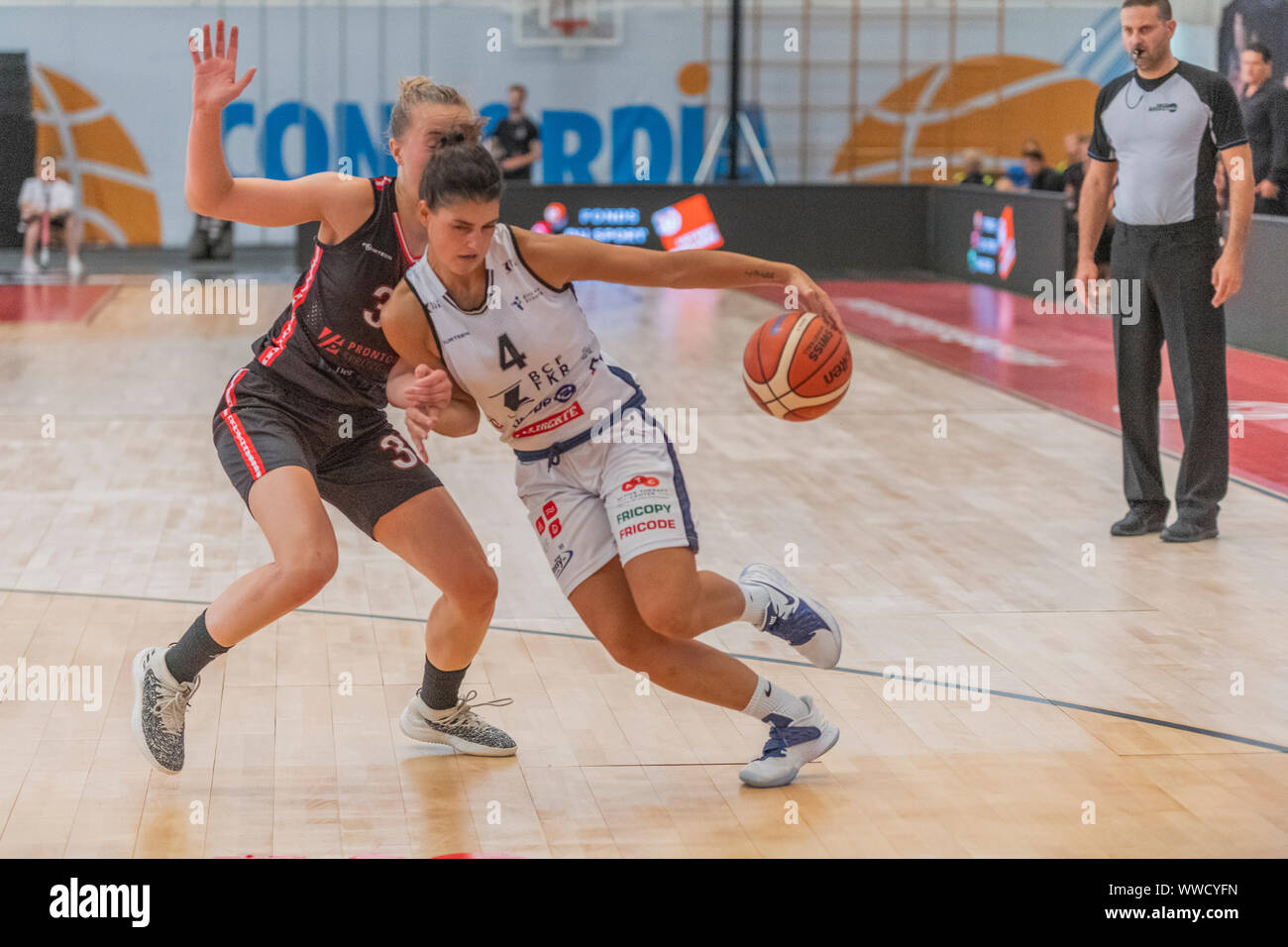Yverdon Les Bains, Switzerland. 14th Sep, 2019. Fora Nancy (R) during BCF ELFIC Fribourg victory over BC Winterthur (73-63) in the Final win at the Super Cup 2019 at the Yverdon-les-Bains Sports Center (Switzerland) (Photo by Eric Dubost/Pacific Press) Credit: Pacific Press Agency/Alamy Live News Stock Photo