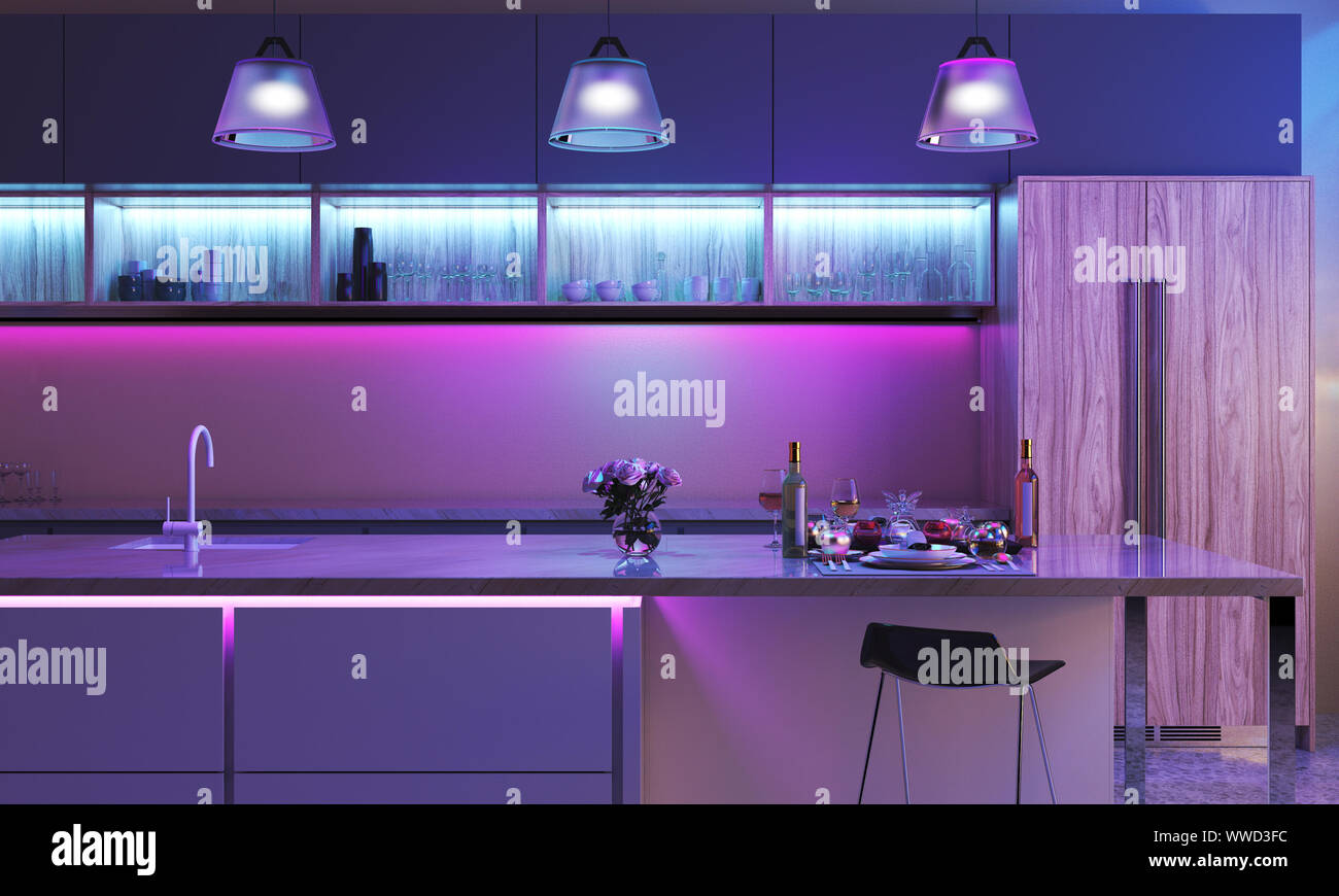 Modern Kitchen With Colored Led Lights Light Strip In Blue