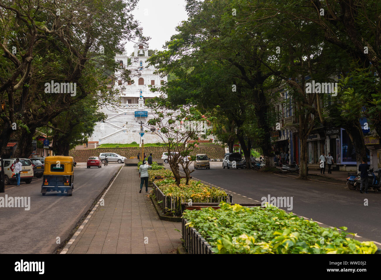 Panjim city bustling with activity opposite Our lady of Immaculate Conception Church in Goa on Indian Independence Day Stock Photo