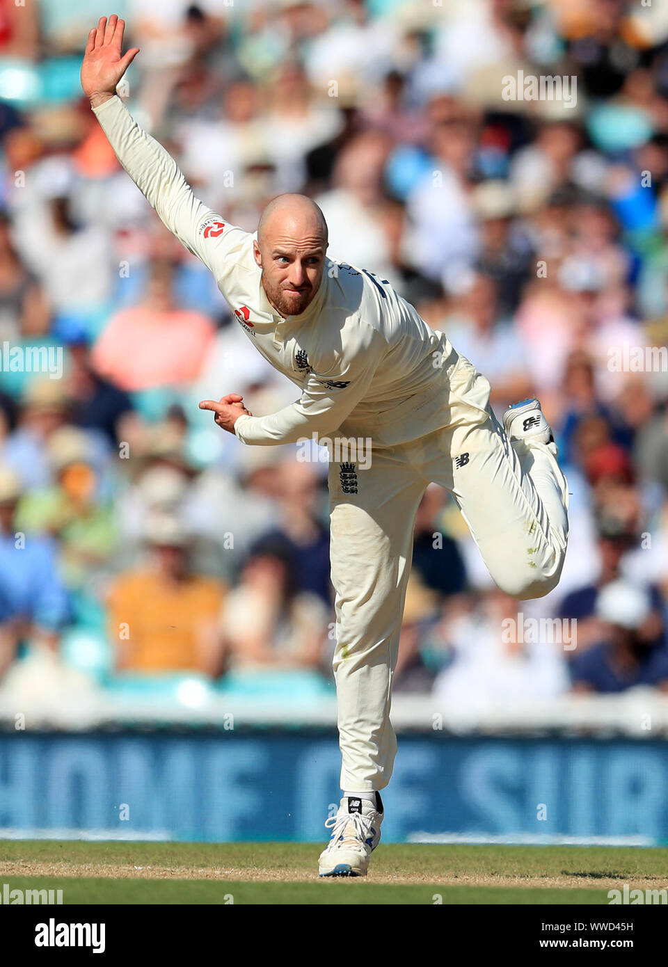 England's Jack Leach during day four of the fifth test match at The Kia Oval, London. Stock Photo
