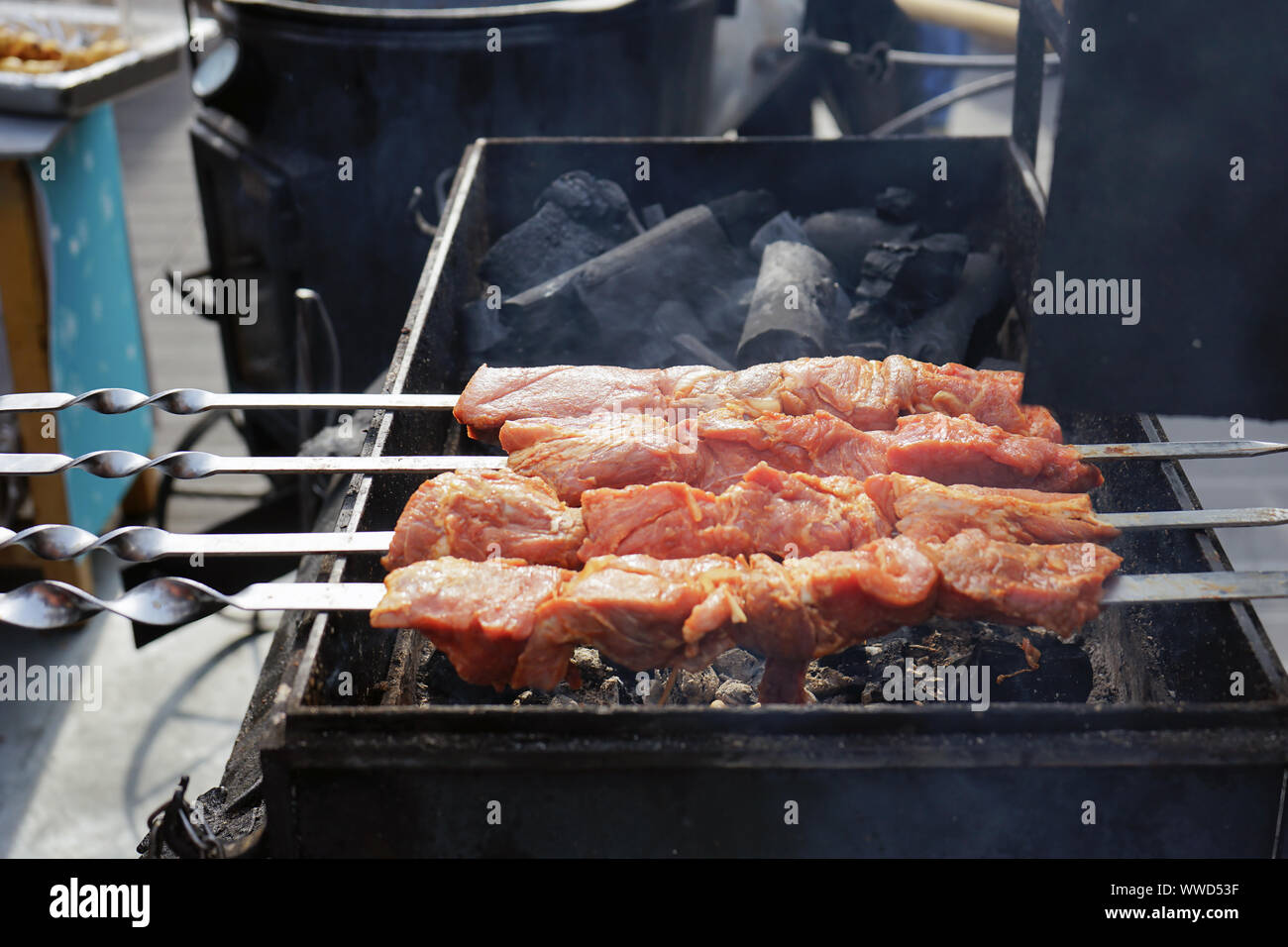 The meat is cooked grilled. Barbecue on the coals Stock Photo - Alamy