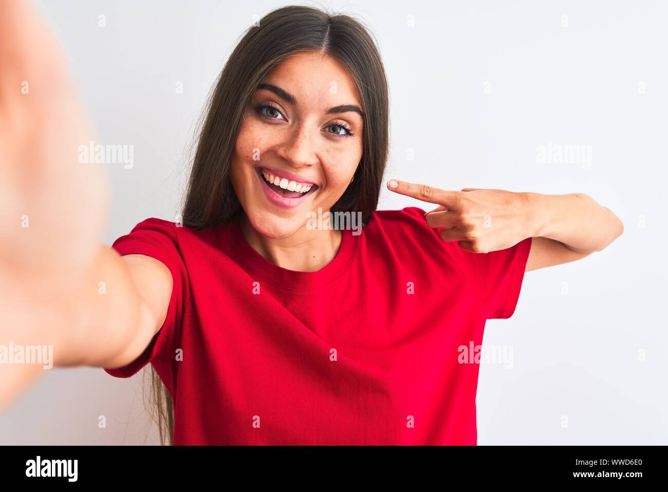 Beautiful Woman Wearing Red T Shirt Make Selfie By Camera Over Isolated White Background Very 3811