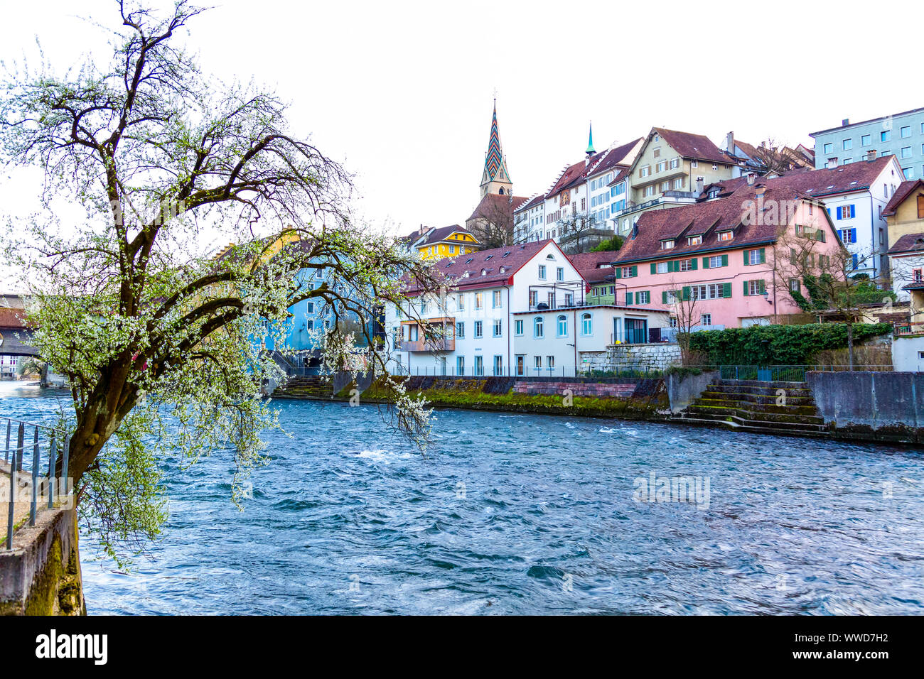 Baden old town building over the Limmat river, canton Aargau, Switzerland Stock Photo