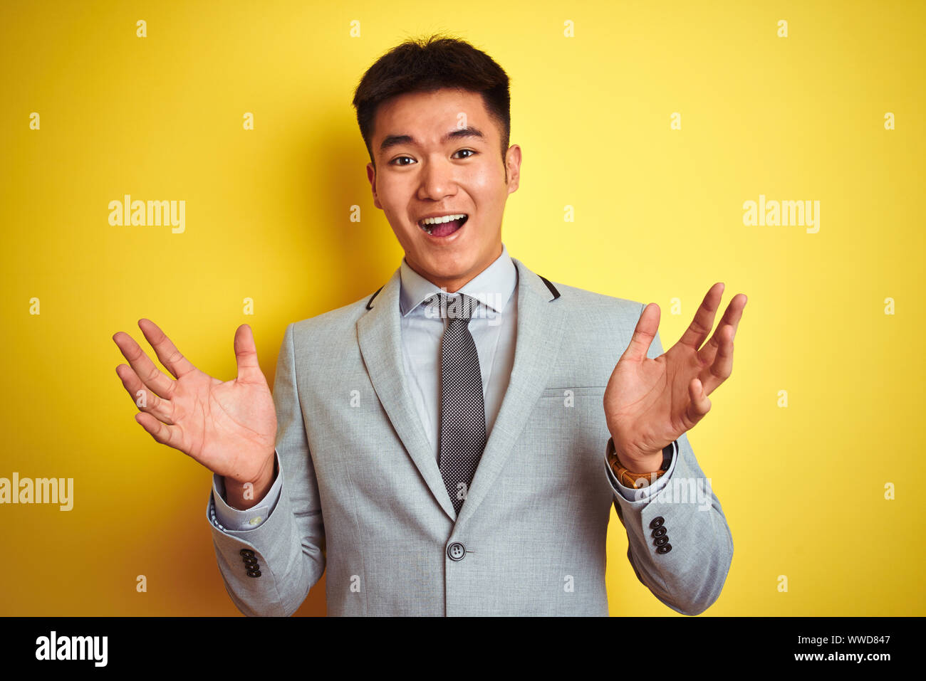 Asian chinese businessman wearing suit and tie standing over isolated ...