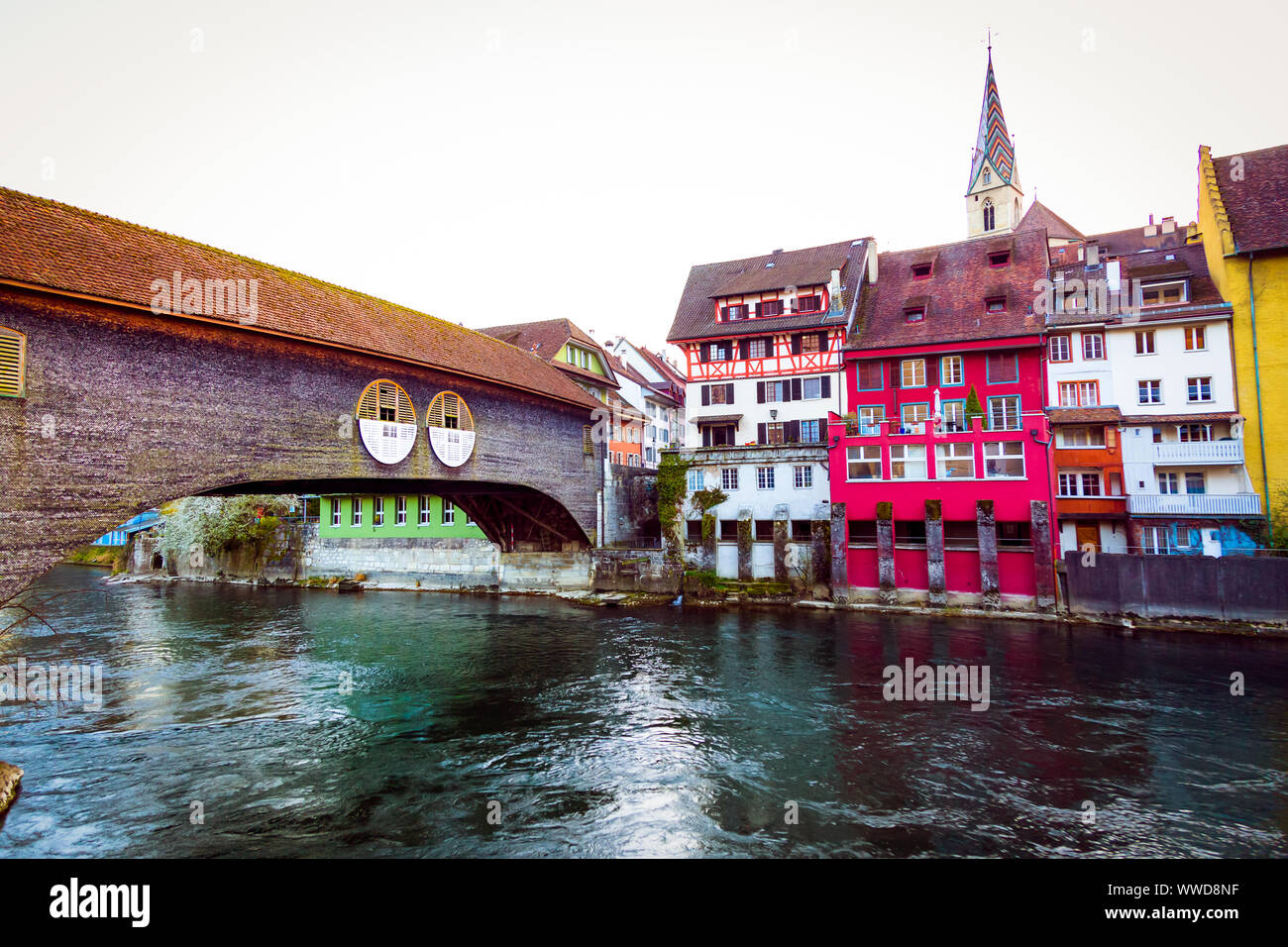 Baden old town building over the Limmat river, canton Aargau, Switzerland Stock Photo