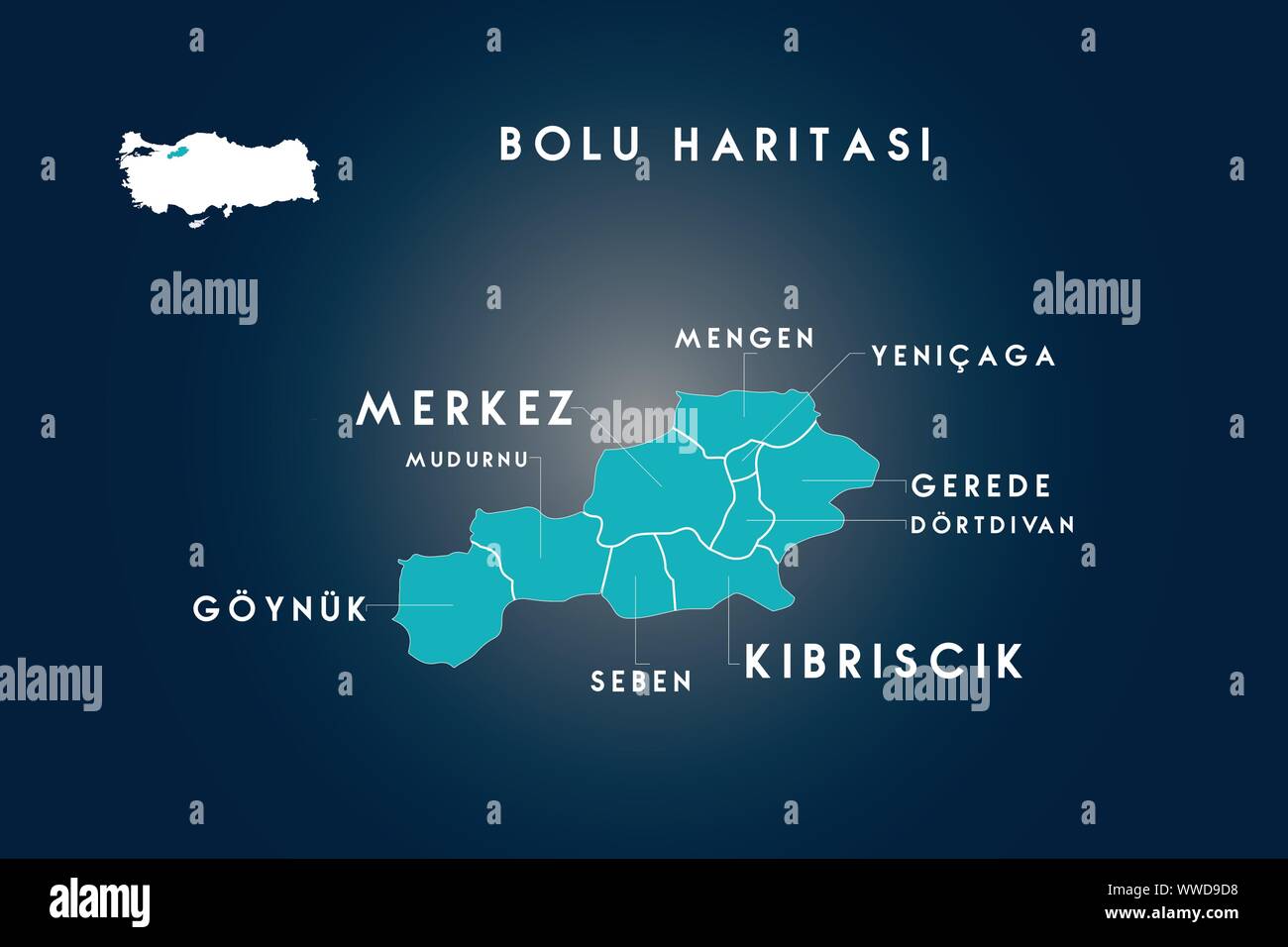 Bolu districts mudurnu, goynuk, seben, kibriscik, dortdivan, gerede, yenicaga, mengen map, Turkey Stock Vector