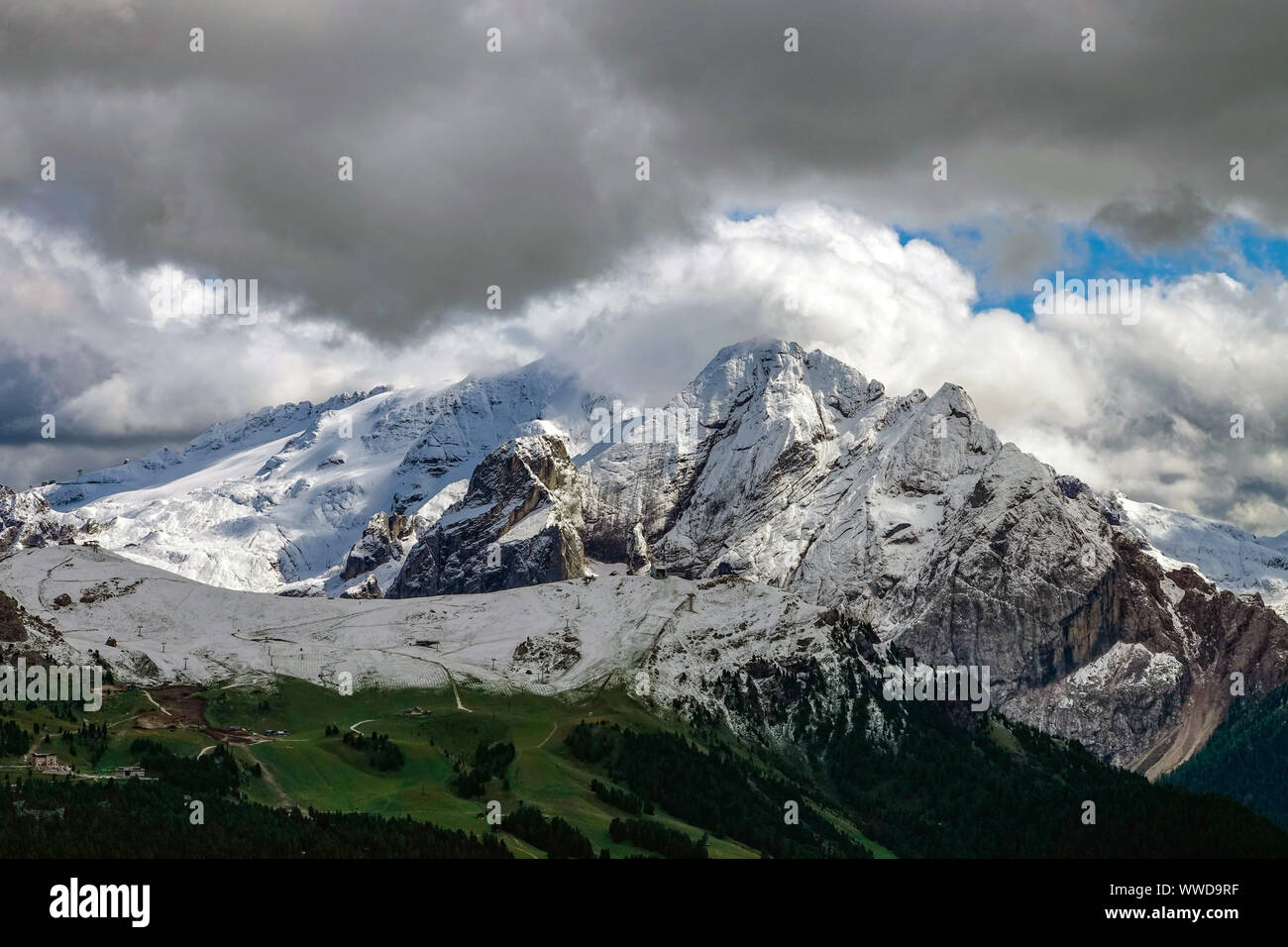 Marmolada mountain and glaciers, The Italian Dolomites around Canazei, Sud Tirol, Italian Alps, Italy Stock Photo