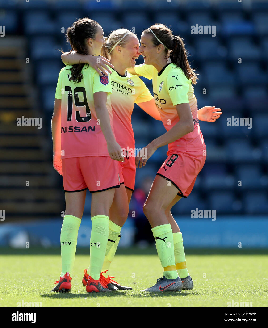 Manchester City’s Pauline Bremer celebrates after scoring her sides second goal during the the Barclays FA Women's Super League match at Adams Park, Wycombe. Stock Photo