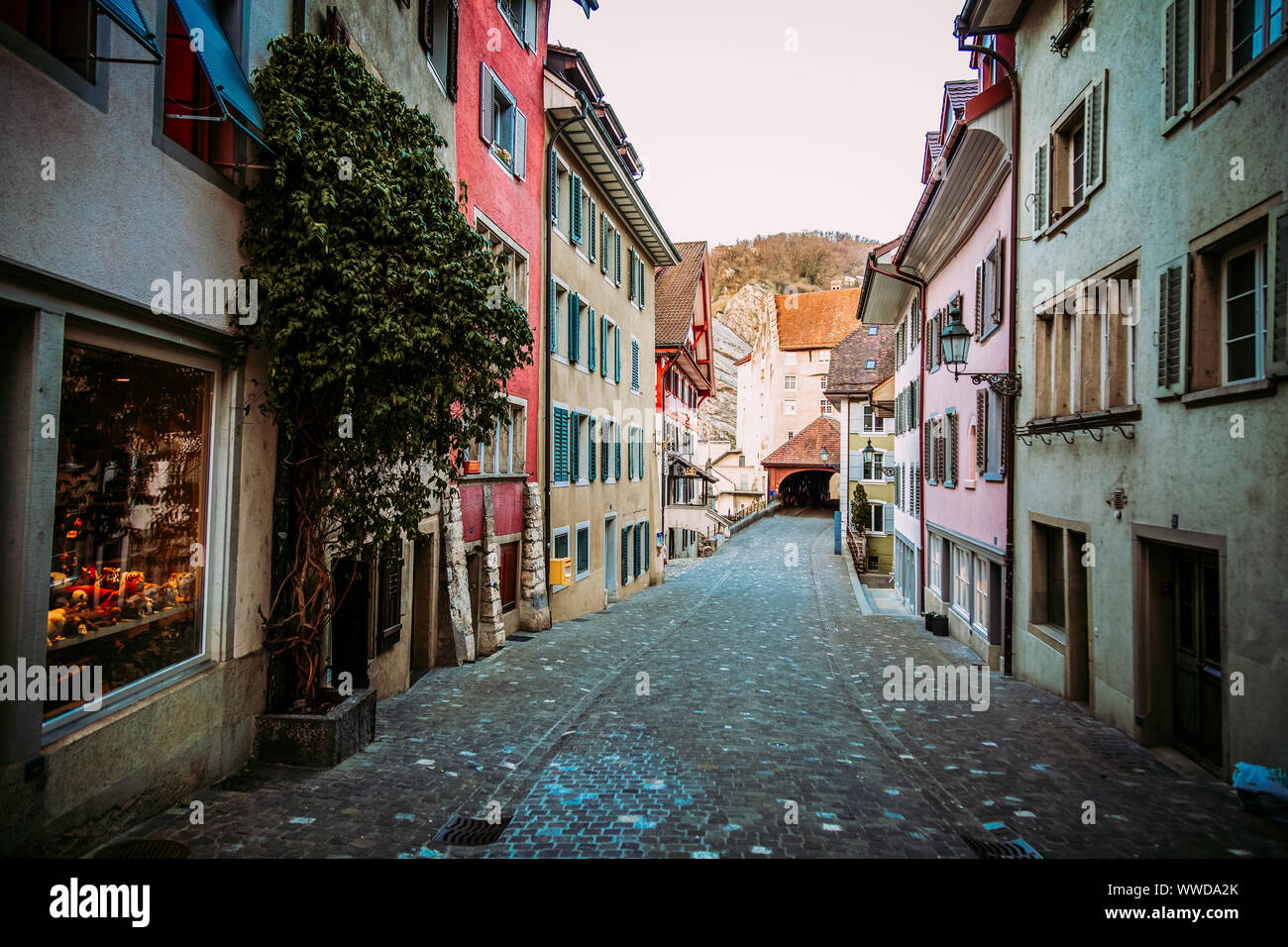 Old town street in medival city of Baden, canton Aargau in Switzerland Stock Photo