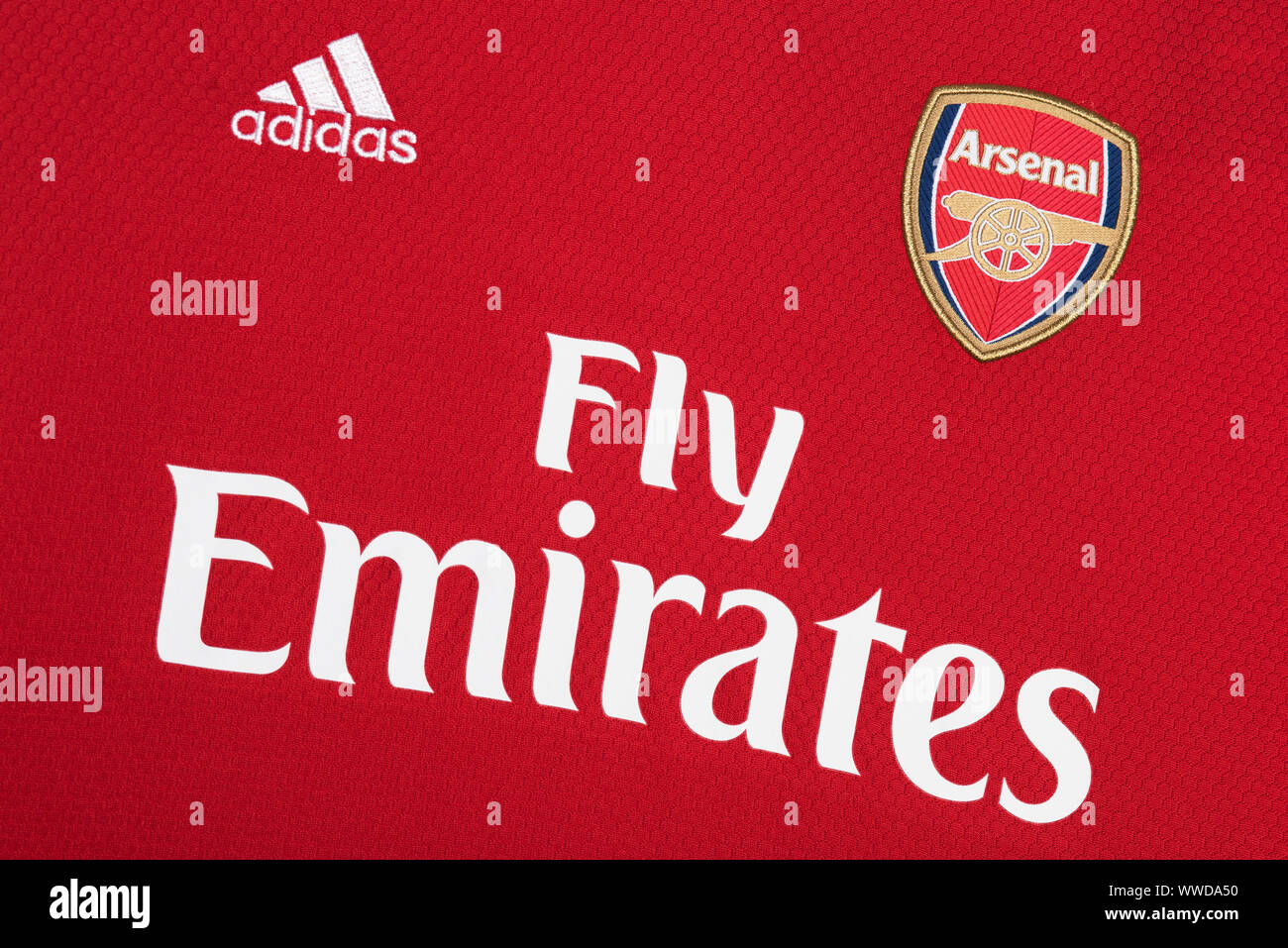 Close up of Arsenal x Adidas 19/20 Home Stock Photo