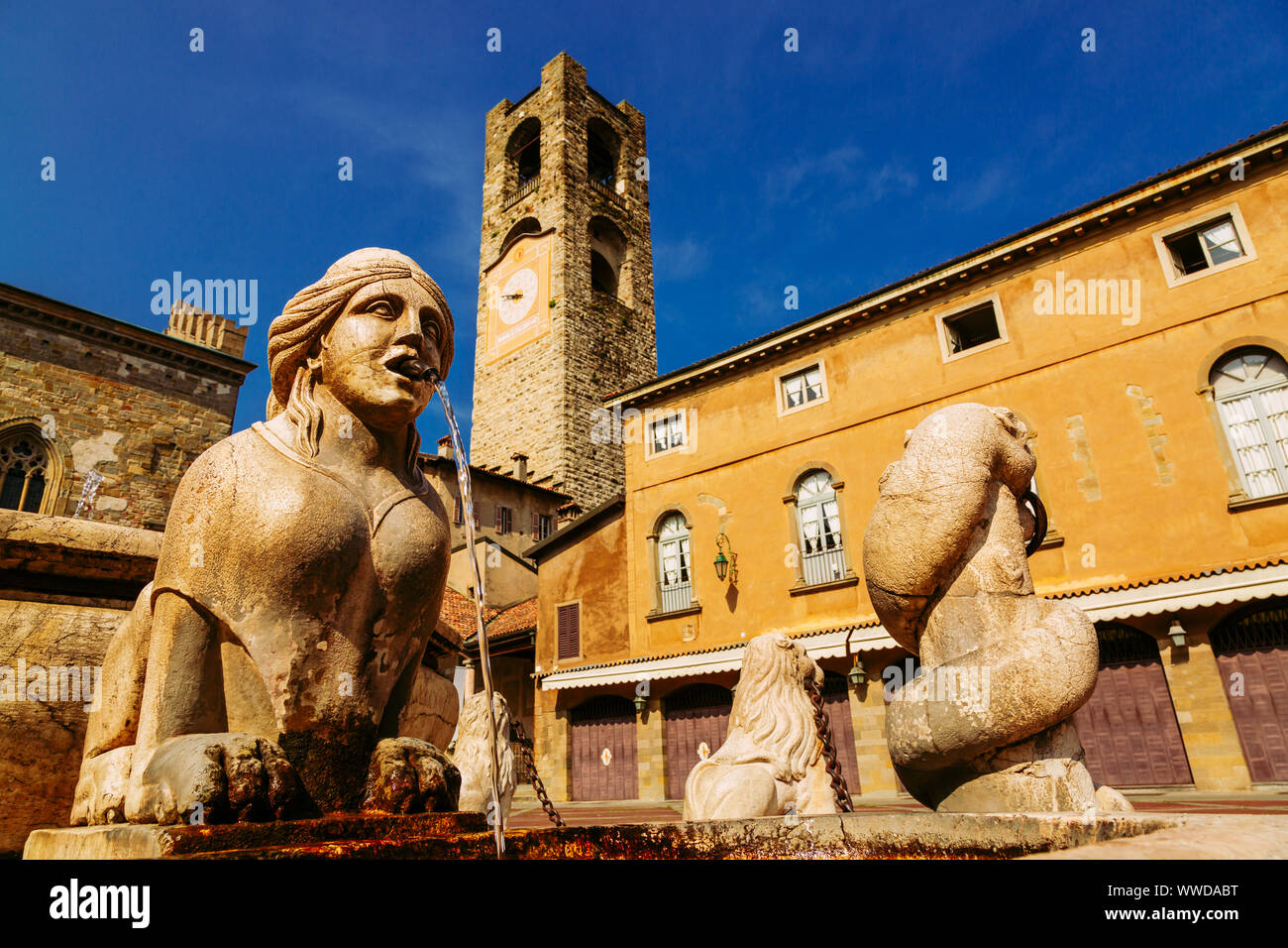 Contarini fountain on Piazza Vecchia, Citta Alta, Bergamo, Italy Stock Photo