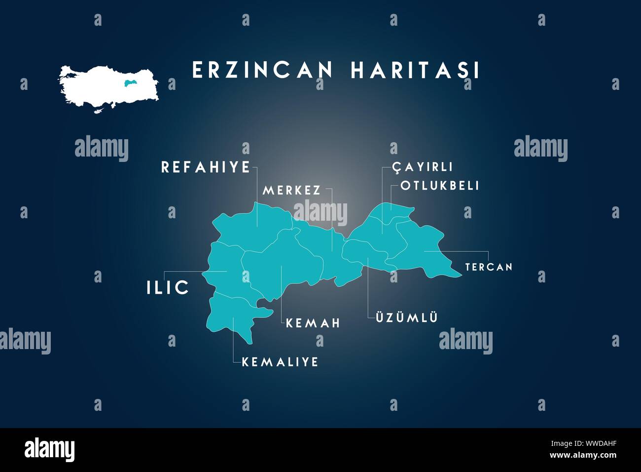 Erzincan districts refahiye, ilic, kemaliye, kemah, uzumlu, cayirli, otlukbeli, tercan map, Turkey Stock Vector
