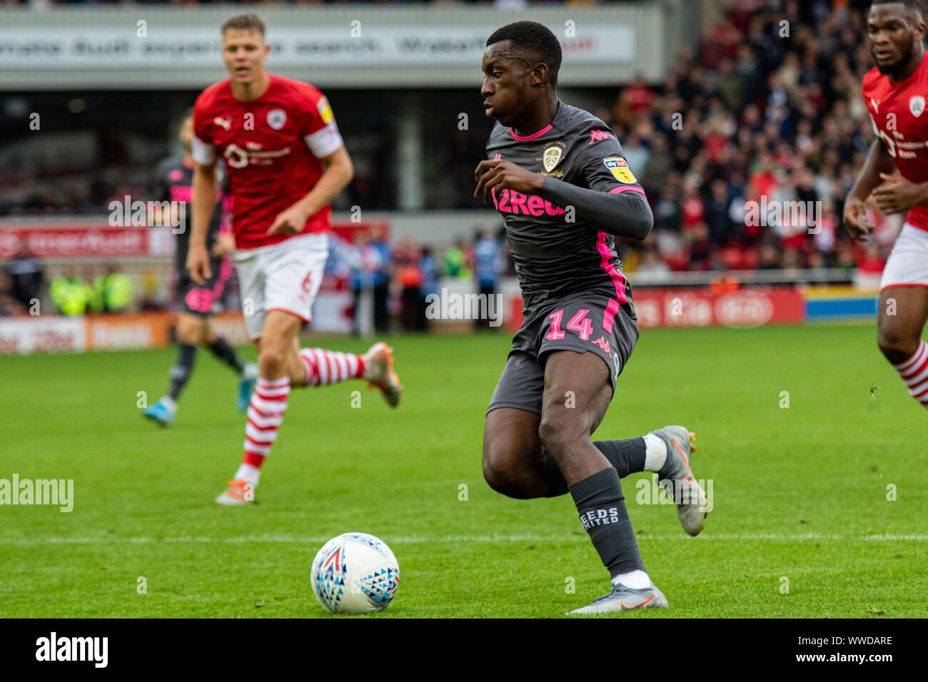 Barnsley, UK. 15th Sep, 2019. Eddie Nketiah of Leeds United in action . EFL Skybet championship match, Barnsley v Leeds United at Oakwell in Barnsley on Sunday 15th September 2019. this image may only be used for Editorial purposes. Editorial use only, license required for commercial use. No use in betting, games or a single club/league/player publications. pic by Lewis Mitchell/Andrew Orchard sports photography/Alamy Live news Credit: Andrew Orchard sports photography/Alamy Live News Stock Photo