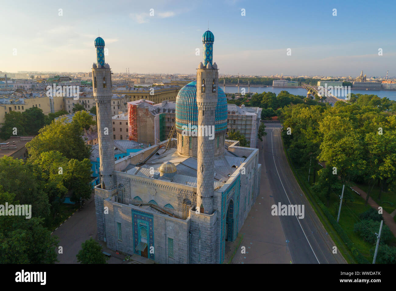 View of the minarets and the dome of the Cathedral Mosque on a July morning (shooting from a quadrocopter). Saint-Petersburg, Russia Stock Photo